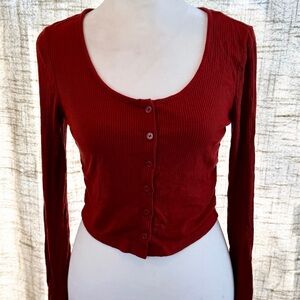 Forever 21 Ribbed Button-Front Long Sleeve Top - Burgundy